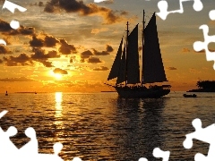 sea, sailing vessel, sun, clouds, west