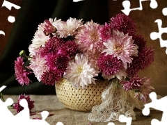 basket, chrysanthemums, shawl, bouquet