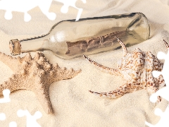 starfish, shell, Bottle, letter, Sand