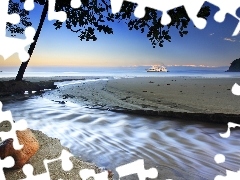 Beaches, sea, Ship, trees