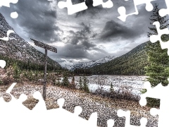 clouds, River, sign-post, Mountains