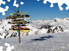 signposts, snow, Tirol, Mountains, Austria