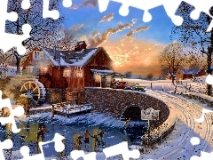 winter, Watermill, Skates, bridge