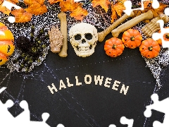 Web, bones, text, skull, pumpkin, Spider, halloween