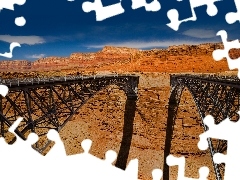 Two cars, canyon, Sky, Bridges