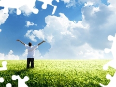 Sky, clouds, cereals, a man, Field