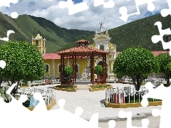 viewes, Church, Sky, clouds, Mountains, trees