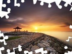 Sun, sea, Sky, clouds, pier, west