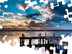 lake, clouds, Sky, pier