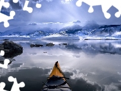 lake, Mountains, Sky, Boat