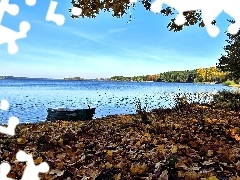 lake, autumn, Sky, maple, Boat, Leaf