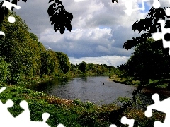 River, cloudy, Sky, green