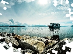 sea, Ship, Sky, Stones