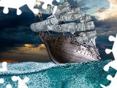 Ship, water, Sky, sails