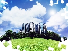 viewes, Hill, skyscrapers, clouds, Lawn, trees