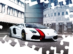 Lamborghini, parking, skyscrapers, Aventador