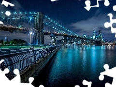skyscrapers, Floodlit, Night, New York, Brooklyn, bridge