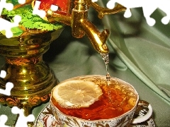 slice, lemons, cup, tea, samovar