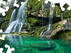 waterfall, lake, Slovenia, rocks