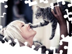 Smile, humor, Blonde, cat, Women