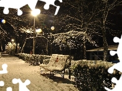 snow, winter, Bench