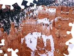 canyon, rocks, snow, Red