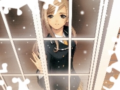 girl, flakes, snow, Window