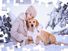 Golden Retriever, girl, snow, Scarf, winter, dog