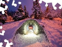 snow, twilight, viewes, tunnel, trees