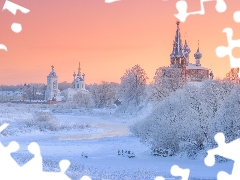 Cerkiew, trees, Russia, viewes, Duilovo, River, winter, Snowy