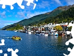 River, Mountains, spa, Motor boat