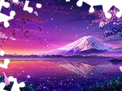 Great Sunsets, graphics, Mount Fuji, Japan, lake, Spring