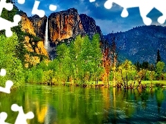 Mountains, lake, Spring, waterfall