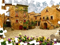 square, Houses, pansies