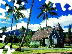 Palms, house, stained glass