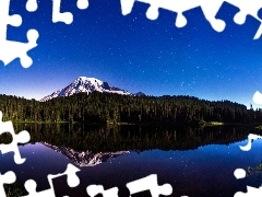 Starry, reflection, woods, lake, Mountains