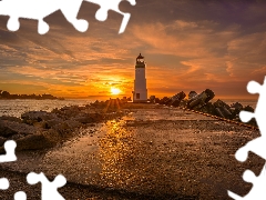 Santa Cruz, State of California, clouds, The United States, Sunrise, Walton Lighthouse, Sea, Stones