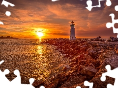 Santa Cruz, State of California, clouds, The United States, Sunrise, Walton Lighthouse, sea, Stones