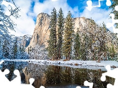 California, The United States, Yosemite National Park, Mountains, viewes, River, winter, trees, rocks