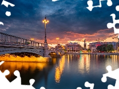 bridge, Sweden, buildings, River, ligh, luminosity, flash, Riddarholmen Island, Stockholm, sun, lanterns