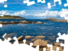 Stones, clouds, Island, Mountains, Coast