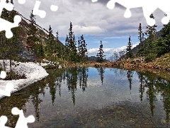 clouds, River, Stones, Mountains