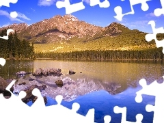 Stones, mountains, lake