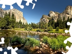 Mountains, River, Stones, forest