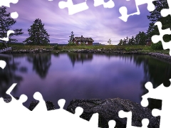 Stones, Vaeleren Lake, Boat, house, Ringerike, Norway, viewes, reflection, trees
