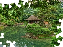 River, house, Stones, forest