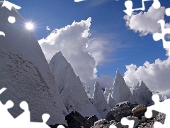 Stones, Stones rocks, clouds, sun, Mountains