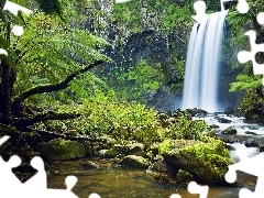 waterfall, viewes, Stones, trees