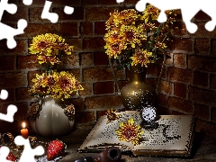 Book, Flowers, Candle, strawberries, alarm clock, Chrysanthemums