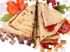 pancakes, chocolate, strawberries, Jam